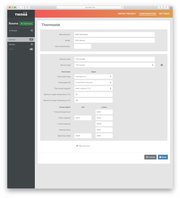 Een KNX-thermostaat configureren met Thinka